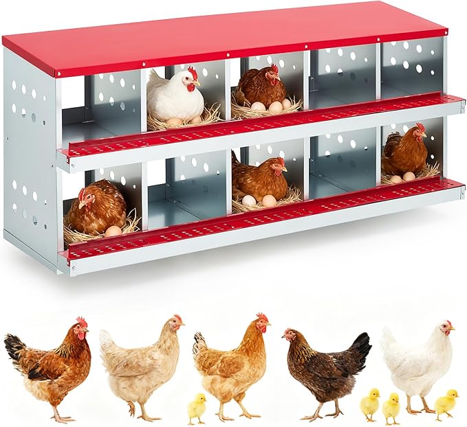 Chicken Nesting Boxes, 10 Compartment Metal Roll Away Nest Box with Vent Holes & Swing Perch, Easy Egg Collection for Hens & Ducks, Ideal for Poultry Coops