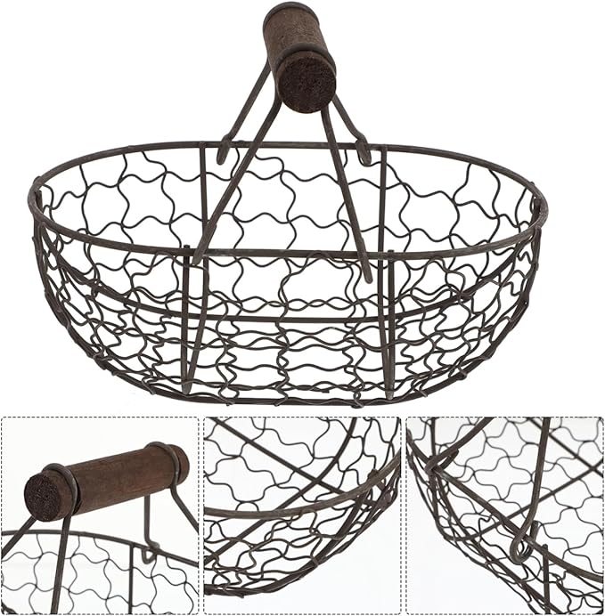 Rustic Wire Egg Basket for Fresh Eggs Gathering, Farmhouse Metal Eggs Holder with Wood Handle, Vintage Kitchen Countertop Storage Basket for Fruits Vegetables Bread, Black Wire