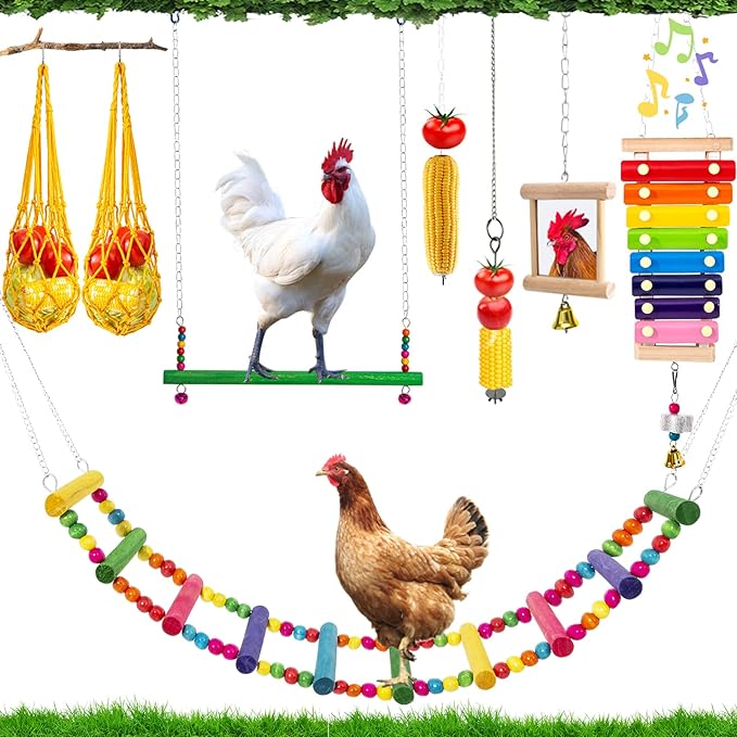 9 Pack Chicken Toys for Coop Accessories - Chicken Xylophone Toy, Chicken Mirror, Chicken Ladder Bridge, Coop Swing, Vegetable Hanging Chicken Feeder, Chewing Foraging Toys, Gifts for Hens