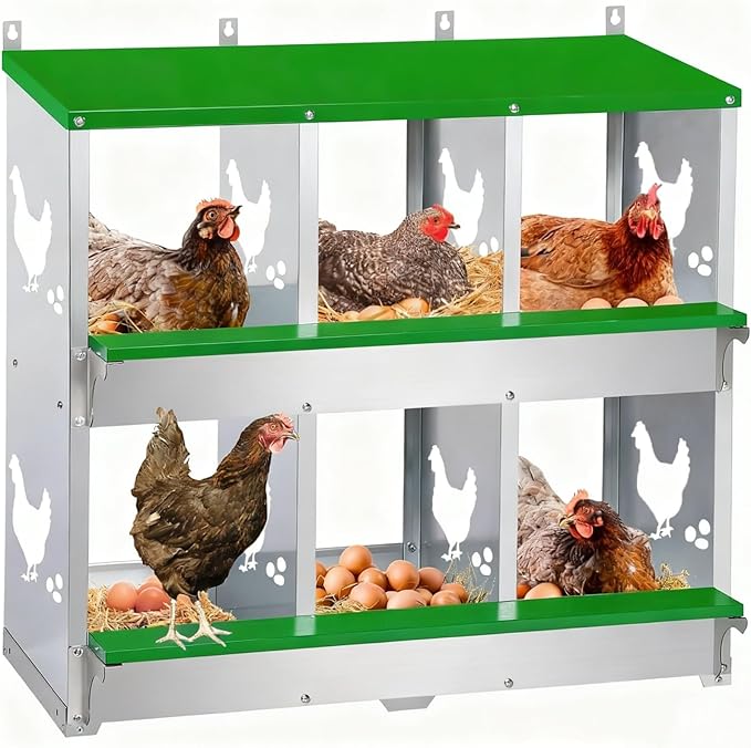 6 Compartment Chicken Nesting Box, Wall Mount/Free Standing Poultry Nest for Chickens, Hens, Ducks, Metal Chicken Laying Boxes with Perch, Secure Lid, Vented Holes for Easy Egg Collection, Green