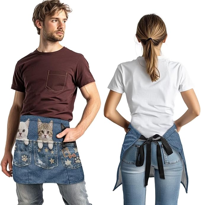 Waist Apron with 3 Pockets Waterproof 13 Inch Short Half Waist Aprons Women Men Server Aprons Waitress Waiter Apron