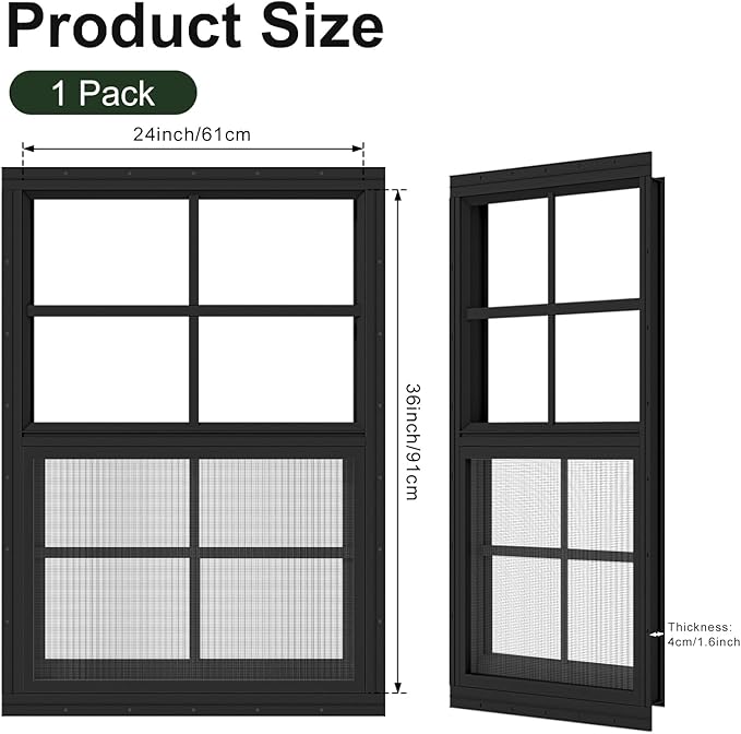 2 Pack Shed Windows 24" x 36" Flush Mount Window with Tempered Glass,House Small Windows,Household Sliding Windows for Chicken Coop, Playhouse, Household, Garage-Black