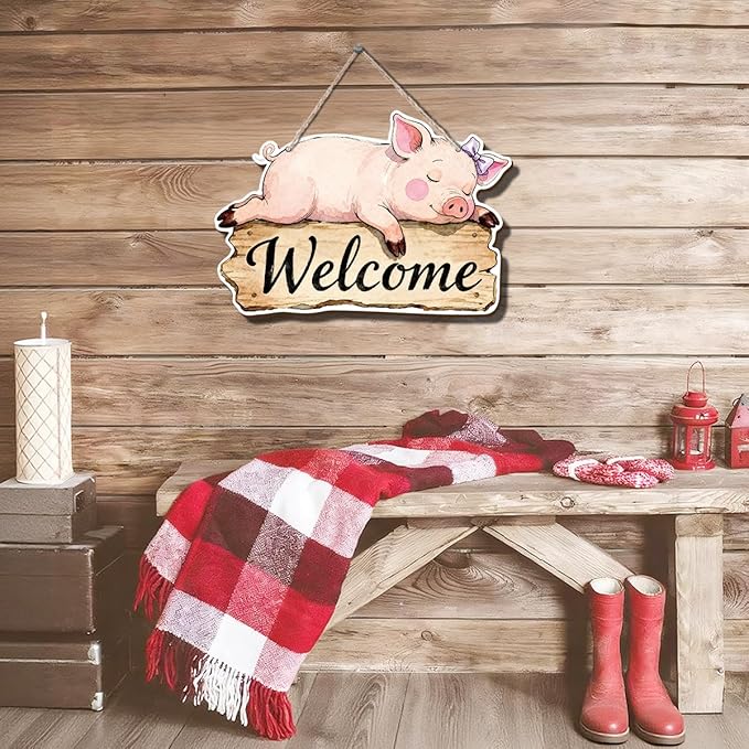 Farmhouse Wall Decor, Cute Pig Welcome Sign, Rustic Wood Hanging Plaque, Watercolor Farm Animal Wall Art Painting Style, Country Nursery or Bathroom Door Sign for Home, 11.8x8.11 Inches