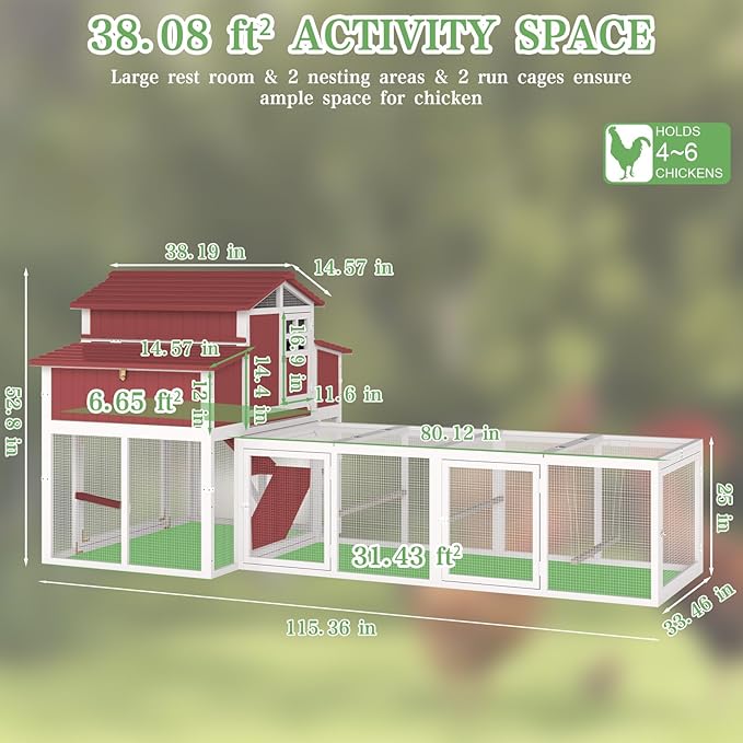 115.36" L 2-Story Chicken Coop with Extra Run Cage,Chicken House Hen House with 2 Large Nesting Boxes,Expandable Poultry Cage for 4-6 Chicken with 4 Perching Bars,Pull-Out Tray,Ramps(RED)