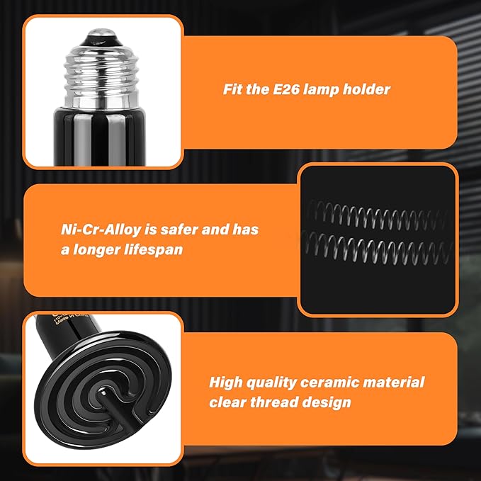 Simple Deluxe 100W Ceramic Heat Emitter Reptile Heat Lamp Bulb No Light Emitting Brooder Coop Heater for Amphibian Pet & Incubating Chicken, 2 Pack