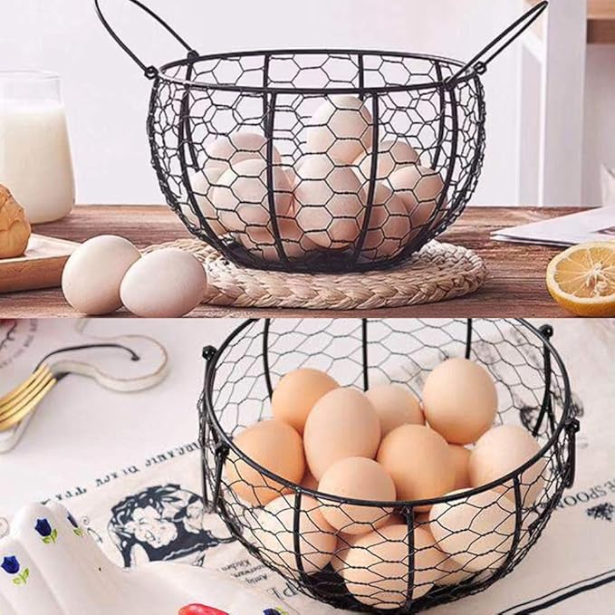 Wire Egg Basket with Handle, Farmhouse Metal Egg Holder Vintage Chicken Egg Collecting Basket Container Countertop Round Rustic Fruit Baskets
