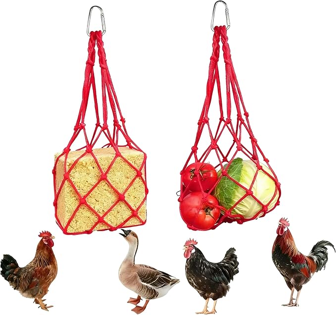 Hanging Poultry Feeder Net 2pcs - Chicken Veggies Bag, Chicken Toy for Coops, Hanging Vegetable Bag, Enrichment Toy for Hens Ducks Coops (Red)