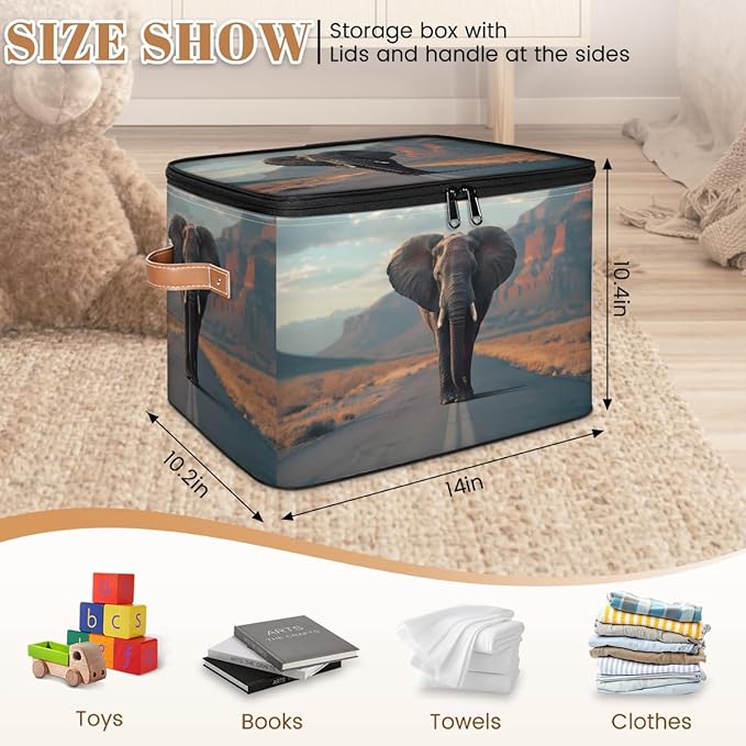 Elephant Storage Bins With Lids Fabric Collapsible Storage Box with Leather Handles for Home Bedroom Foldable Closet Shelf Organizer