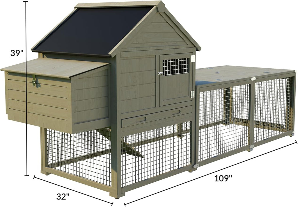 Wooden Poultry Cage for 3-5 Chickens, 109in Chicken Coop with Run, Outdoor Hen Coop with Waterproof Roof, Nesting Box, Pull Out Trays and Ramp, Wood Color