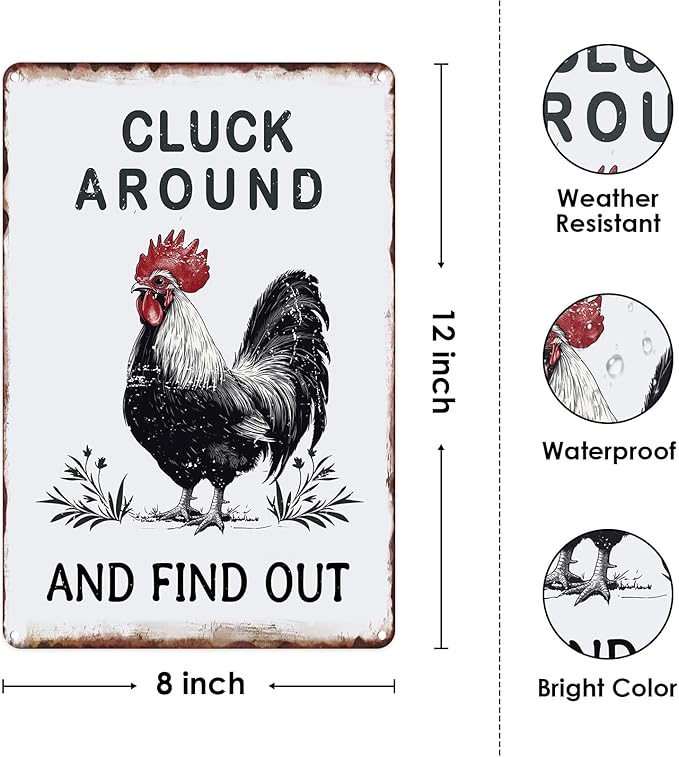 Sanwarm Funny Chicken Gifts Metal Sign Chickens Cluck Around and Find Out Tin Signs For Home Farm Chicken Coop Farmhouse Kitchen Garden Wall Decor Grey Poster Vintage Hanging Painting 12 X 8 Inch