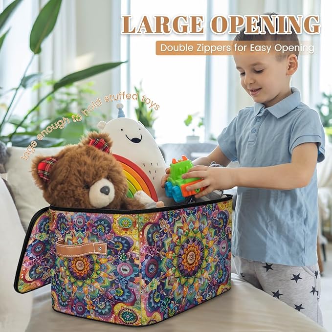 Vintage Boho Patern Storage Bins with Zipper Lid Fabric Storage Containers for Clothes Collapsible Closet Storage Basket with Metal Frame 1 Pack