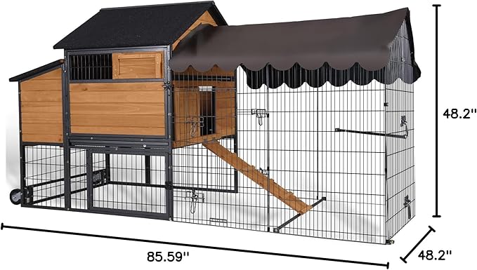GUTINNEEN Large Chicken Coop with All Around Metal Frame Mobile Hen House with Wheels Weatherproof Duck House with Nesting Box, Outdoor Run, Perch, Leakproof Tray for 6-8 Chickens 85" L