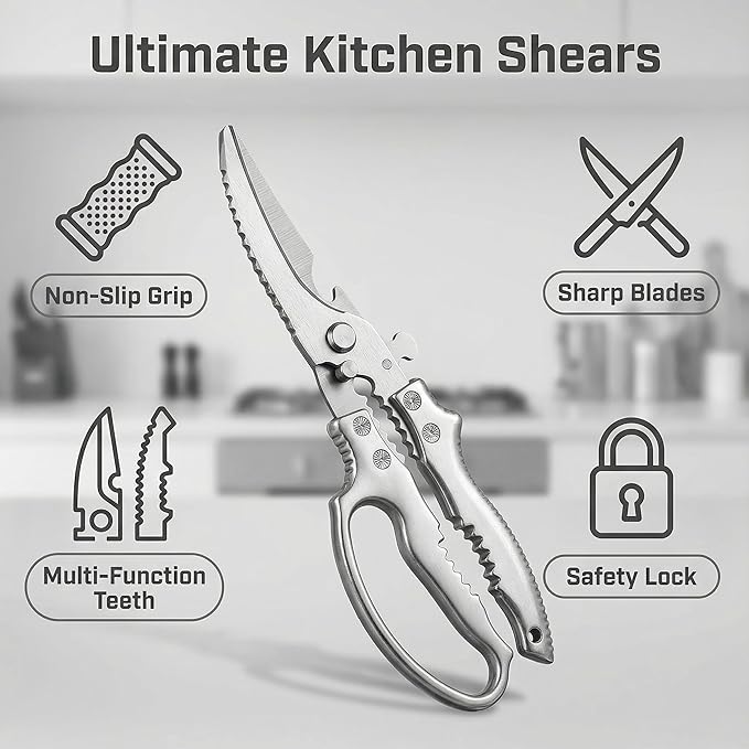 Vexrythm Heavy Duty Poultry Shears - Effortlessly Cut Chicken, Meat & Veggies with Non-Slip Handle, Safety Lock & Spring Loaded Design! Dishwasher Safe Kitchen Shears!