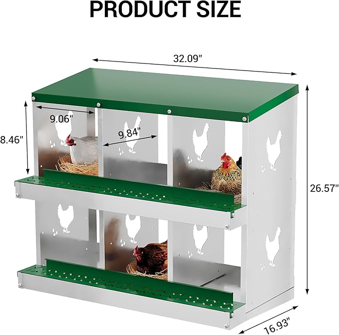 6 Hole Chicken Nesting Box, Galvanized Steel Nesting Boxes with Vented Design, Laying Nesting Boxes for Hens, Wall Mount, Green
