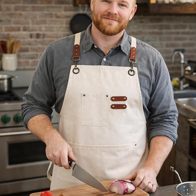 Chef Aprons for Men Canvas Apron with Large Pockets and Adjustable Neck Strap for Cooking,BBQ, Gardening