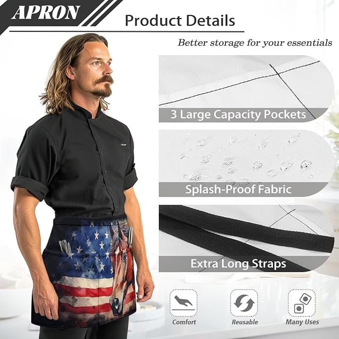 Waist Apron with 3 Pockets Waterproof 13 Inch Short Half Waist Aprons Women Men Server Aprons Waitress Waiter Apron