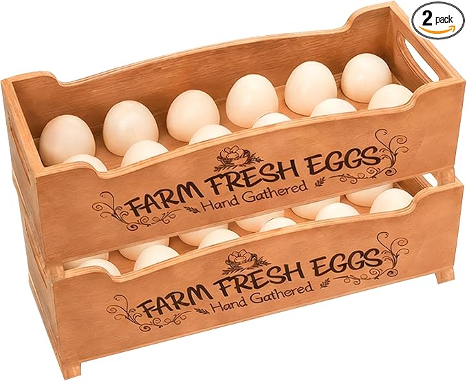 Wooden Farm Fresh Egg Holder Set of 2, Stackable Egg Trays with 12 Slots (24 Total), Brown Countertop Organizer for Fresh Eggs, 2-Tier Kitchen Counter Storage Eggs Crate