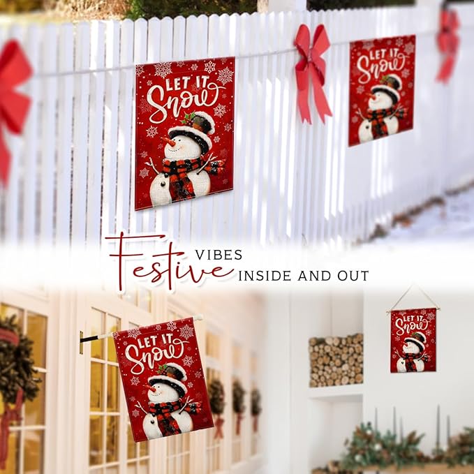 Christmas Welcome Flag - Snowman Let It Snow Winter Flags 12x18 - Outdoor Garden, Porch, Home Décor - Red Color Merry Xmas Yard Decoration