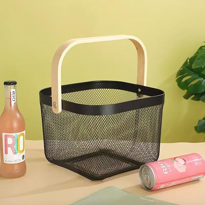 Metal Mesh Wire Basket, Large Steel Basket with Wooden Handle Storage Organizer Basket Multi-functional Hanging Kitchen Baskets Fruit Baskets for Kitchen Bathroom Cabinet Pantry Snacks, Black