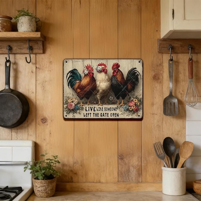 Funny Farmhourse Chicken Coop Metal Tin Signs Vintage Chicken Decor Sign Live Like Someone Left The Gate Open Poster for Home Kitchen Garden Restaurant Rooster Outdoor Wall Art Decor 16x12 Inch