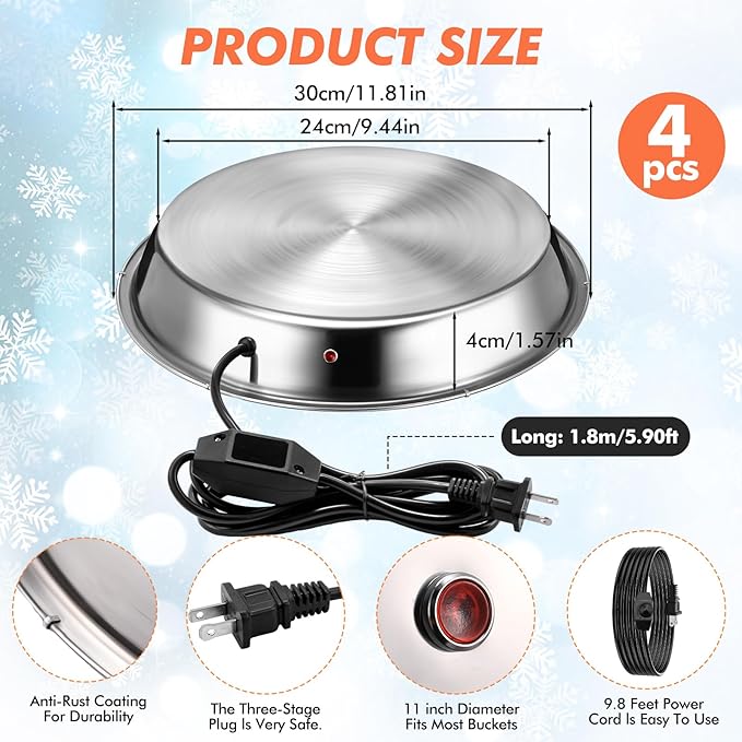 Sliner 4 Pack Chicken Water Heater for Winter 11.8'' Poultry Water Drinker Heated Base Stainless Steel Heated Base for Poultry Drinking