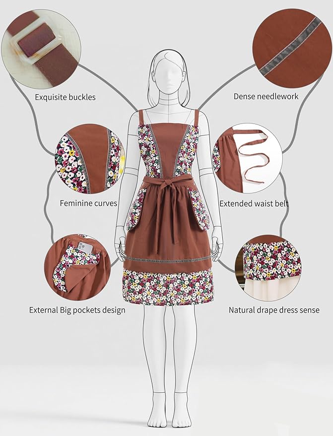 Kitchen Aprons for Women with Pockets Cute Vintage Chef Pinafore Apron for Gardening Cooking Baking Painting