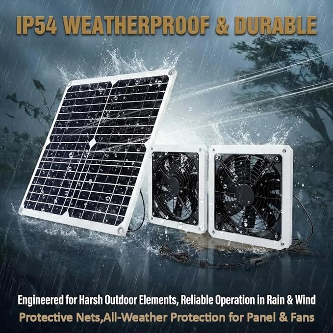 25W Solar Powered Fan for Chicken Coop, Greenhouse, Shed, Upgraded 16.4ft Long Cable Dual Exhaust Fan Kit, IP67 Waterproof Outdoor Solar Fan for Dog House RV Attic Ventilation