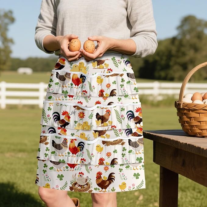 CUTHOLLOW Egg Collecting Apron for Adlut, Housewife, 18 Deep Pockets Hen Egg Gathering Holding Apron with Elastic Closures