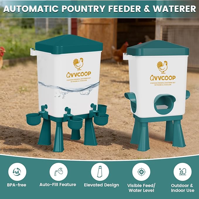 Automatic Chicken Feeder and Waterer Set, Poultry Feeding Equipment for Duck Turkey, Chicken Coop Accessories, Standing/Hanging Use, 3 Gallon Set, Blue