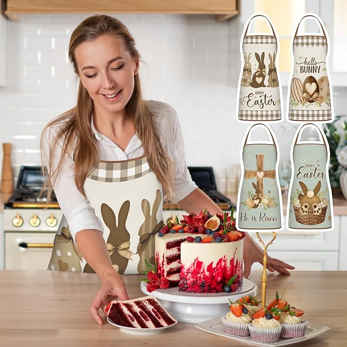 4 Pack 23x30 Inch Easter Bunny Eggs Aprons Buffalo Plaid Aprons Vintage Chef Bib Adjustable Washable Kitchen Aprons(Classic Style)