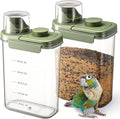 Maxdot 2 Pcs Bird Seed Storage Container 3 Qt/2.8 L with Tight Lids Airtight Cup Pet Food Storage Measuring Containers Lids with Pouring Spouts for Macaws African Grey Cockatoos (Green)