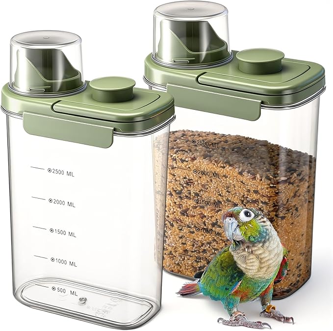 Maxdot 2 Pcs Bird Seed Storage Container 3 Qt/2.8 L with Tight Lids Airtight Cup Pet Food Storage Measuring Containers Lids with Pouring Spouts for Macaws African Grey Cockatoos (Green)
