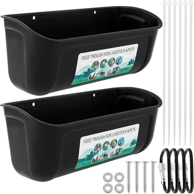 2Pcs Chicken Feeder Hanging Goat Feeder Hanging Feed Trough BPA Free Chicken Feeder Easy to Install Poultry Feeder Poultry Feeding Container Water Bucket for Chicken Duck Goat (Black)