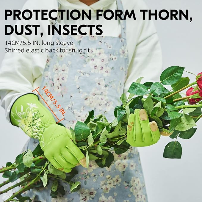 Vgo... 1-Pair Ladies' Synthetic Leather Gardening Gloves, Long Sleeves Gauntlet, Breathable & Grip Work Gloves, High Dexterity, Washable (Size M, Green, SL7445)