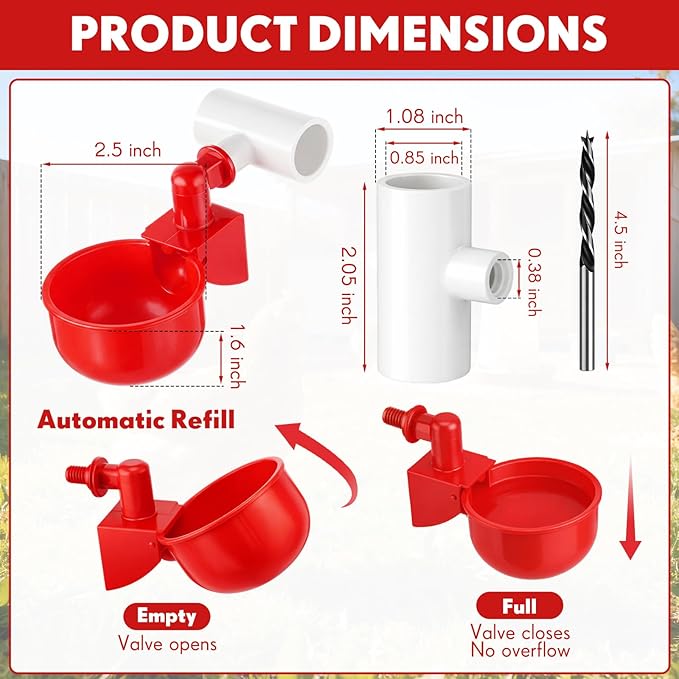 LemonRoad 30 Set Automatic Chicken Waterer Cups with 1/2" PVC Tee Fitting Chicken Drinking Bowl, Poultry Drinker Mounting Hole Opener,Water Dispenser Feeder for Duck, Goose, Turkey, Pigeon(Red)