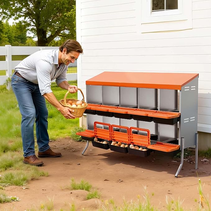 VEVOR Chicken Nesting Boxes, 10 Compartments, with Support Legs, Easy Egg Collection, Galvanized Steel and High-Strength Plastic, Roll Away Nesting Boxes for Chickens and Hens Laying Eggs, Orange