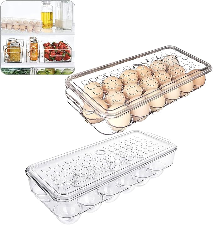 2 Pack 18 Egg Holder for Fridge - Plastic Stackable Egg Tray Holder With Lid - Egg Storage Container Organizer Bins with Air Hole and Handles for Refrigerator, Freezer, Pantry Organization - Clear