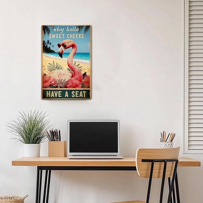 Flamingo Wall Art – Funny Retro Flamingo Poster, Tropical Wall Decor for Living Room, Vintage Art, Perfect for Bathroom or Bedroom 12x8 Inch