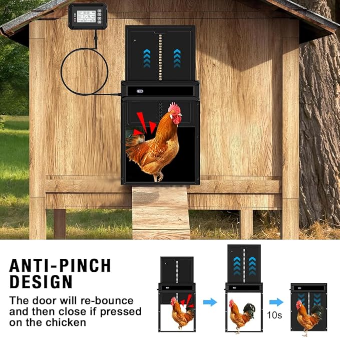 Large Size Automatic Chicken Coop Door Solar Powered Chicken Door with Independent LCD Display and Remote Control, Anti-Pinch & Aluminum Alloy Weather Proof Electric Coop Accessories with 4 Modes