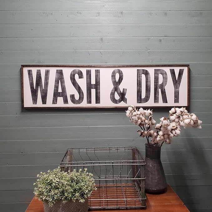 Rustic Wood Plaque Laundry Room Sign, Wash and Dry Wood Laundry Wooden Signs For Kitchen 4" x 16"