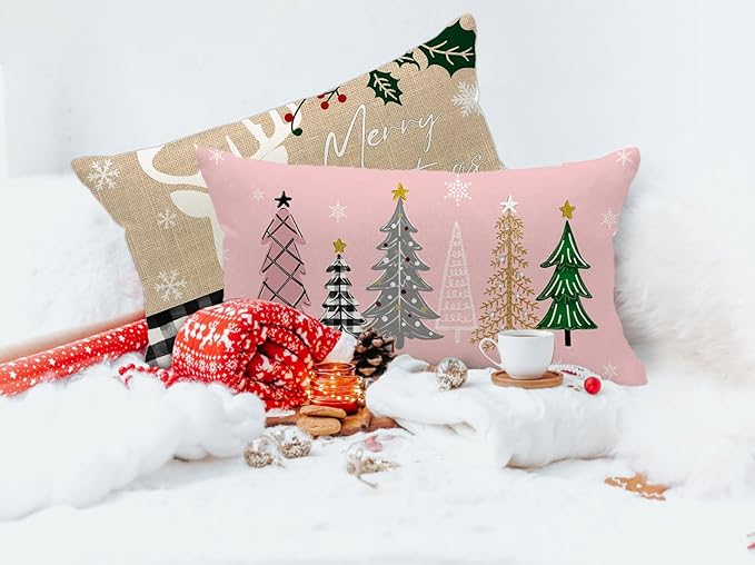 Pink and Gray Merry Christmas Trees Snowflake Throw Pillow Cover, 12 x 20 Inch Seasonal Winter Holiday Cushion Case Decoration for Sofa Couch