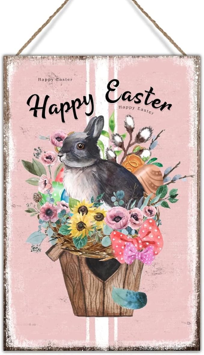 Wood Art Plaque Happy Easter Flower Basket Bunny Sign French Style Floral Pink Stripes Wood Wall Art Signs Bunny Rabbit Happy Easter Wood Sign for Bedroom 12x18in