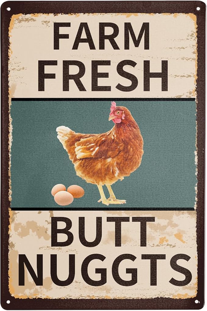 Vintage Metal Tin Sign Chicken Coop Signs for Farm Fresh Butt Nuggets Sign Funny Chicken Egg Sale Outdoor Decorative Wall Art Signage Rustic Primitive Farmhouse Country Yard Market Decor 8”x12”
