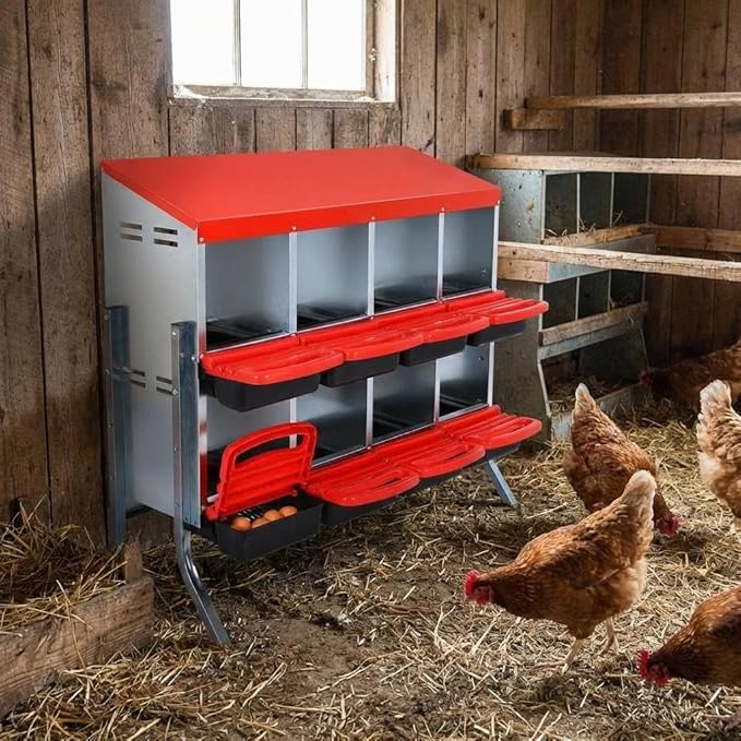 Metal Chicken Nesting Boxes, Roll Away Egg Collection with Lid Cover to Protect Eggs, Easy Clean Ventilated Design for Chicken Coop, Hen Roosting Boxes for Laying