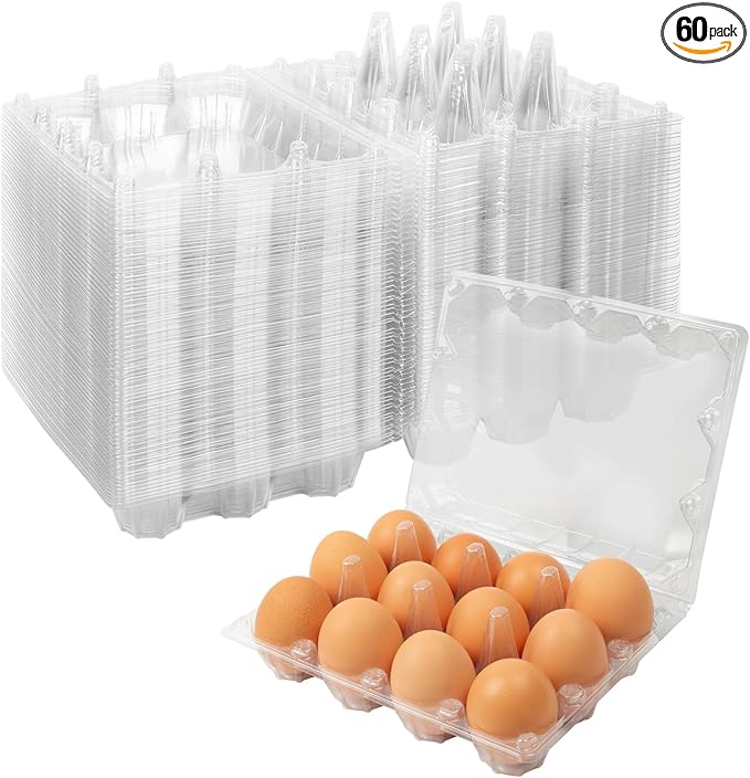 60 Pack Plastic Egg Cartons Cheap Bulk 1 Dozen Clear Empty Egg Cartons for Chicken Eggs, Reusable Egg Containers for Home Ranch Chicken Farm, Commercial Business Market Display, 3x4 Grids, Large