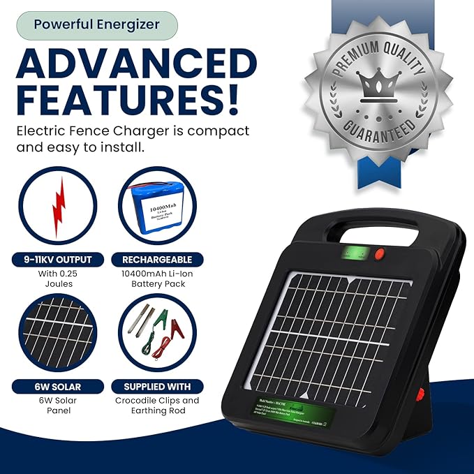 Solar Powered Electric Fence Charger 0.25 Joules Output (9-11KV) with Lithium Battery Energizer Containment & Protection of Livestock Horses Cattle Sheep Pets Easy Install