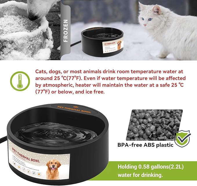 PETLESO Outdoor Heated Water Bowl for Dogs Cats, 2.2L Winter Heating Dog Water Bowl Smart Thermal for Outdoor Chickens Rabbits Birds, Black, Winter Clearance 2026, Limited Stock