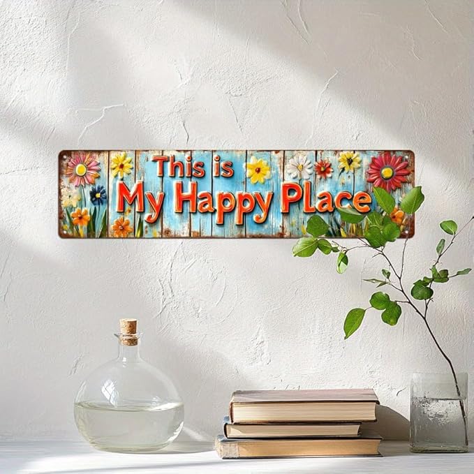 This is My Happy Place Metal Tin Sign Rustic Floral Wall Decor for Farmhouse Kitchen Living Room Bedroom Entryway 4x16 Inch