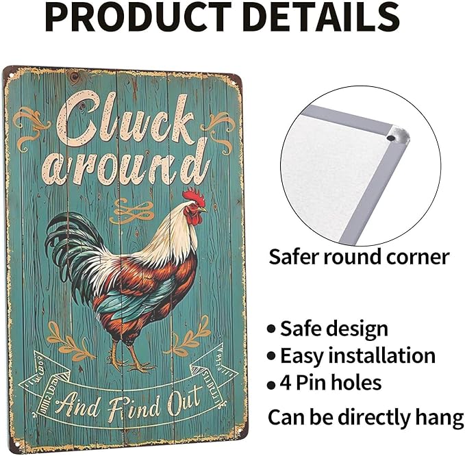 Funny Chicken Cluck Around And Find Out Funny Chicken Sign Farm Chicken Coop For Kicthen Garden Decor Vintage Metal Tin Sign Wall Plaque For Yard Outdoor Decor 12x8 Inch