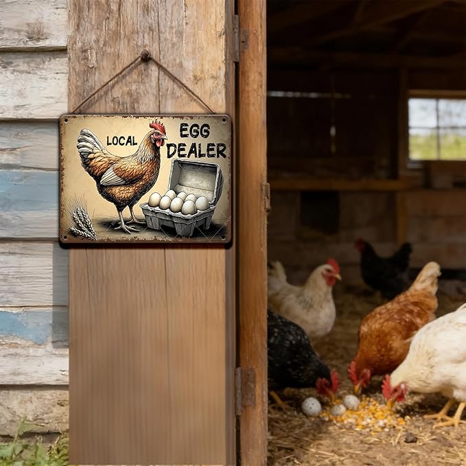 Local Egg Dealer Metal Tin Sign Funny Chicken Gifts for Home Farm Chicken Coop Farmhouse Vintage Farm Fresh Eggs Metal Wall Art Kicthen Garden Decor 12x8 Inch